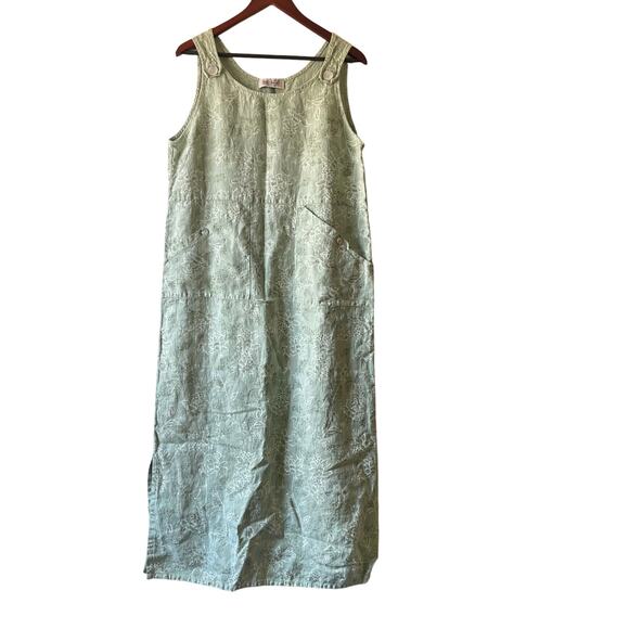 Vintage linen sage green floral midi overall dress with pockets size large - Picture 1 of 9